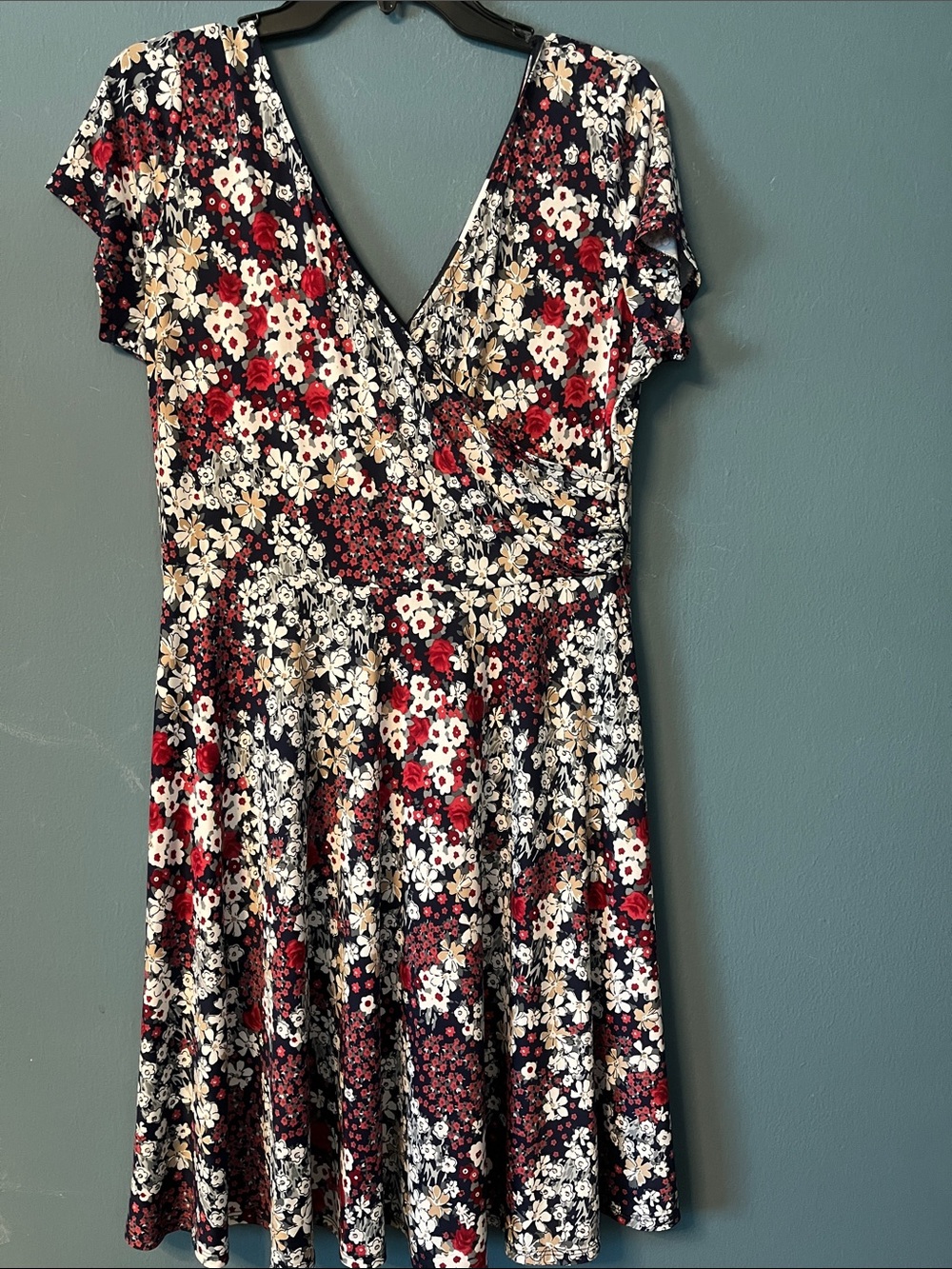 Kaileigh Red, White & Black Floral V‑Neck Fit‑and‑Flare Dress